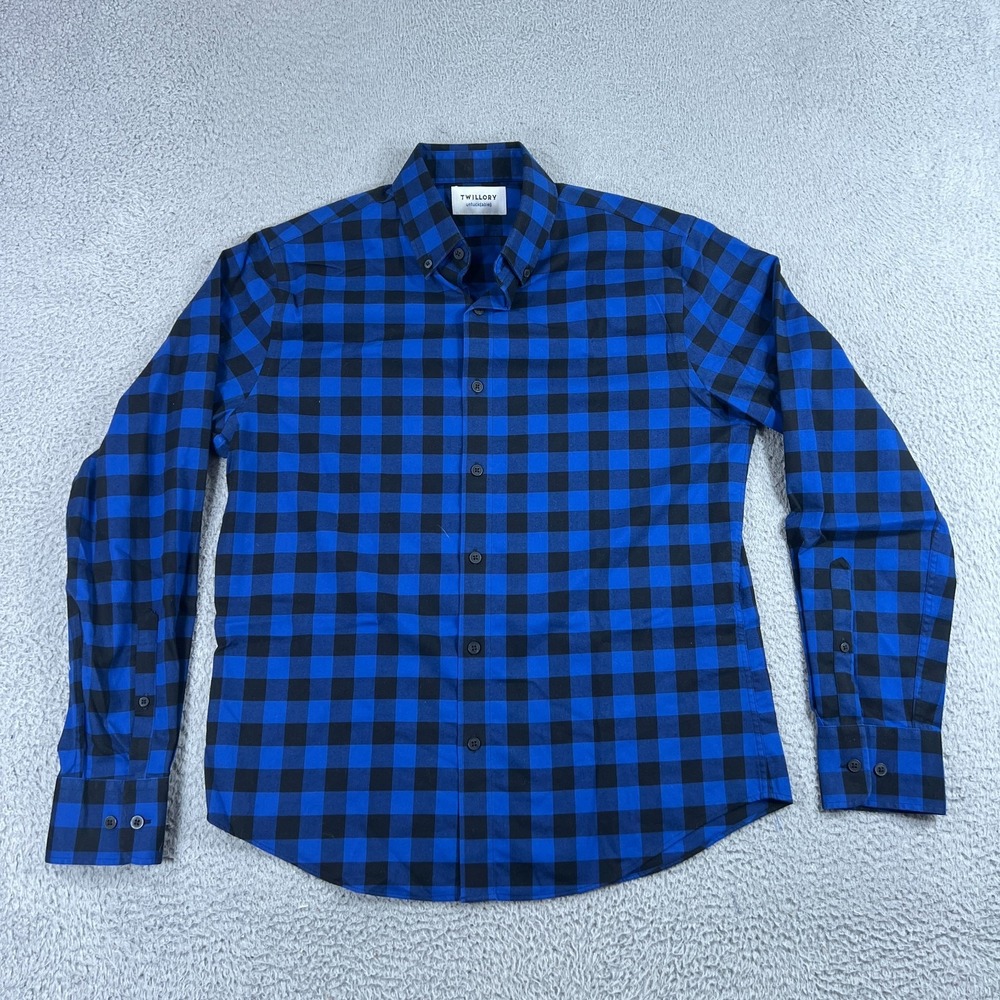 Twillory Shirt Mens M Untuckable Button Front Blue Plaid Tailored Fit